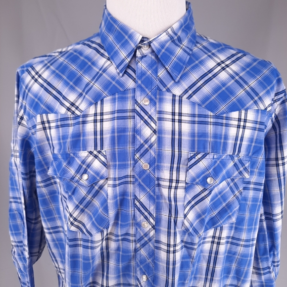 Wrangler Wrancher Western Blue Plaid Shirt Size Men's Xl Pearl Snap Long Sleeve - Picture 2 of 11